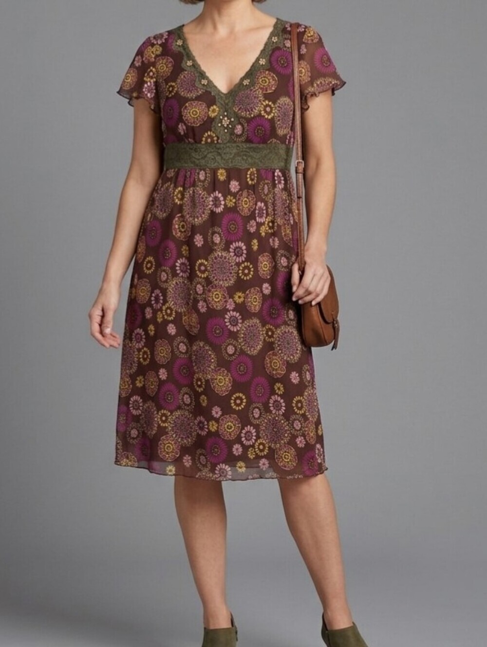SIGNATURE Brown Floral V-Neck Midi Dress with Plum Accents Size 16. zipper left
